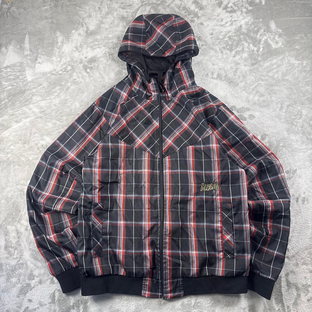 Billabong Jacket Mens XL Black Red Plaid Hooded Mesh Lined Windbreaker Zip Up